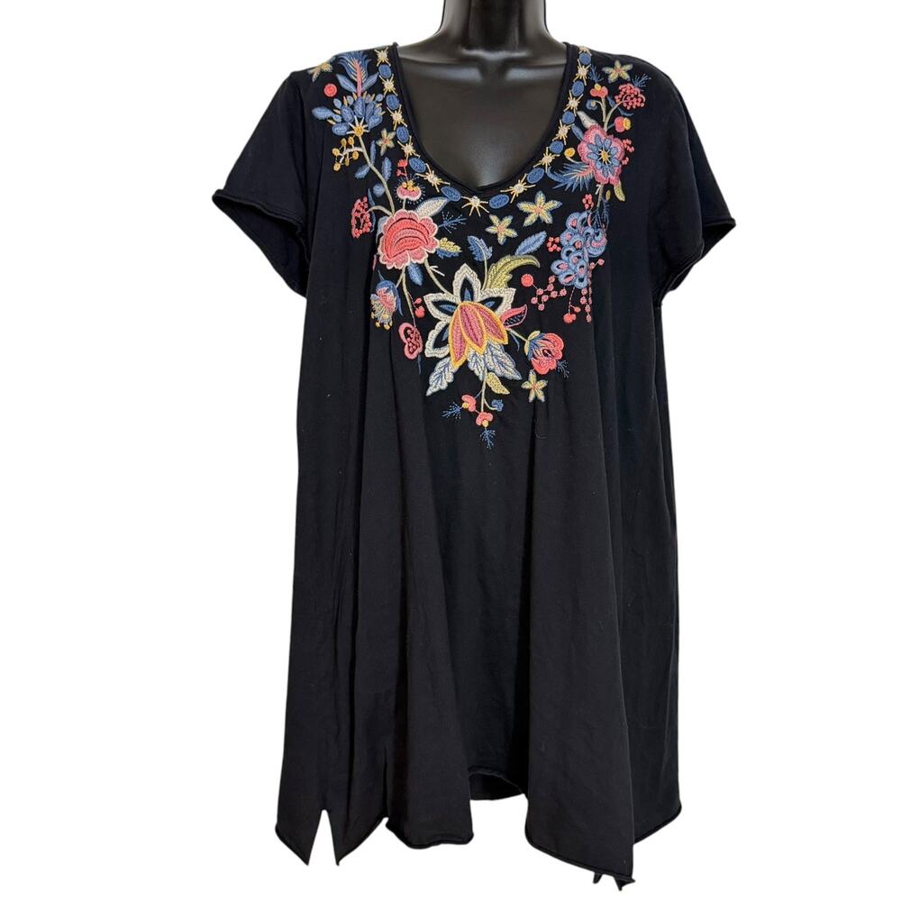 Johnny Was 100% Cotton Black Floral Embroidered V Neck Tiwa Tunic Dress Large L